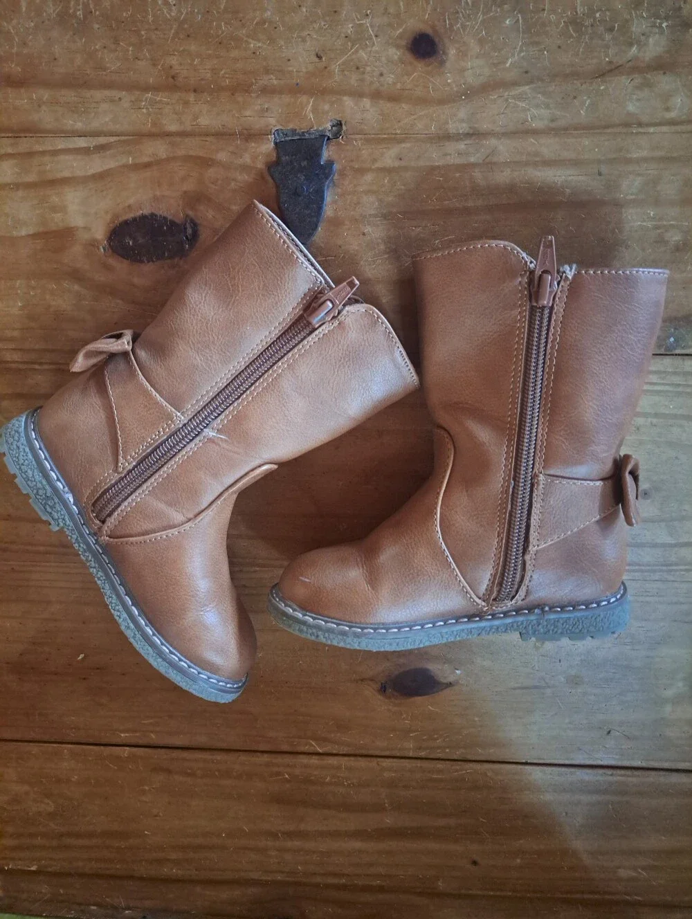 Cat & Jack Brown Riding Boots w/ Side Zippers & Decorative Bows, Toddler Size 6